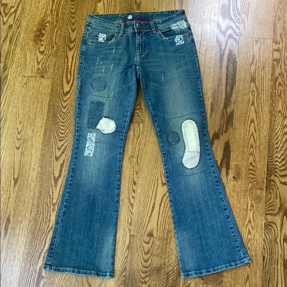 Y2K Candies jeans patchwork distressed stretch flare leg size 3 low rise concert